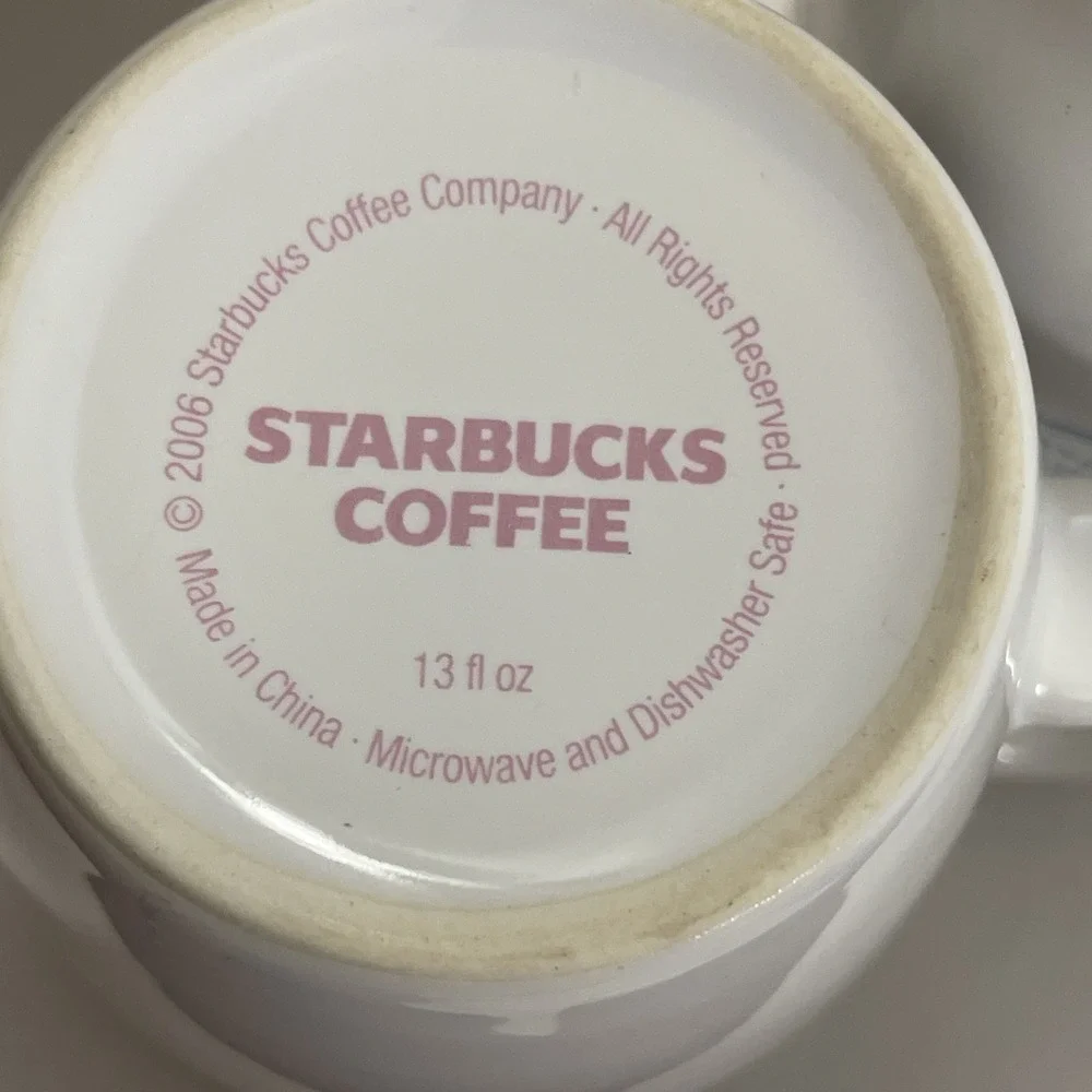 2 Starbucks Est. 1971 Abbey‎ Logo White Pink Blue Coffee Cup 13 oz. 2006 Wedding